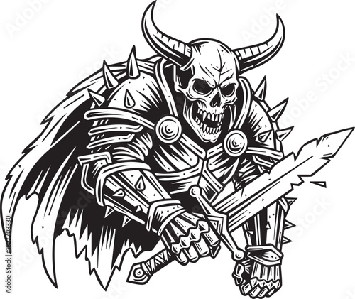Grim Warrior Skeleton with Horned Skull and Sword Ready for Battle Black and White Illustration