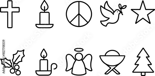 Christmas symbols icons set. Nativity, candle, star, tree, bell, angel, religious holiday outline illustrations