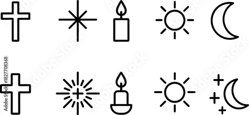 Christmas symbols icons set. Nativity, candle, star, tree, bell, angel, religious holiday outline illustrations