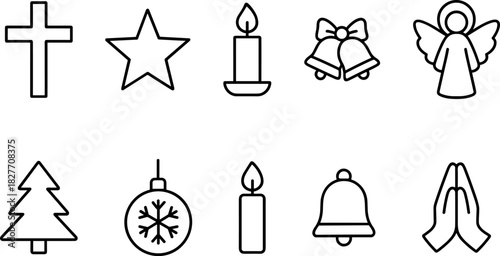 Christmas symbols icons set. Nativity, candle, star, tree, bell, angel, religious holiday outline illustrations