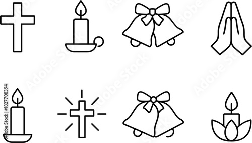 Christmas symbols icons set. Nativity, candle, star, tree, bell, angel, religious holiday outline illustrations