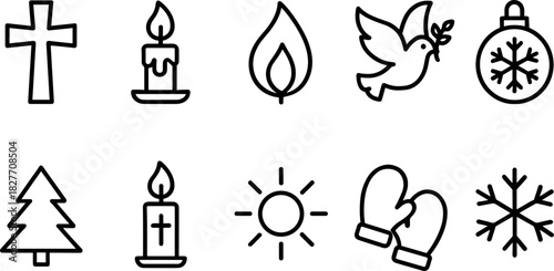 Christmas symbols icons set. Nativity, candle, star, tree, bell, angel, religious holiday outline illustrations