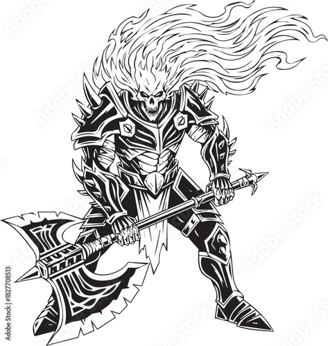 Illustration of a fearsome warrior with skull face and fiery hair holding a double bladed axe with intricate armor design