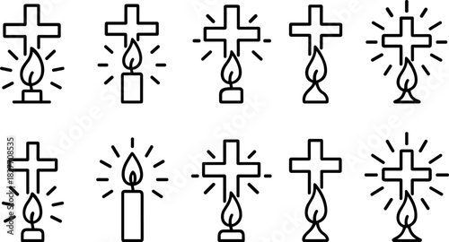 Christmas symbols icons set. Nativity, candle, star, tree, bell, angel, religious holiday outline illustrations
