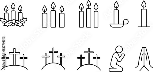 Christmas symbols icons set. Nativity, candle, star, tree, bell, angel, religious holiday outline illustrations