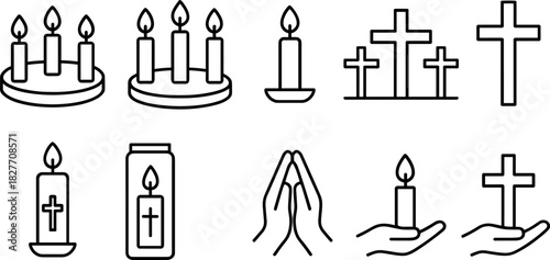 Christmas symbols icons set. Nativity, candle, star, tree, bell, angel, religious holiday outline illustrations