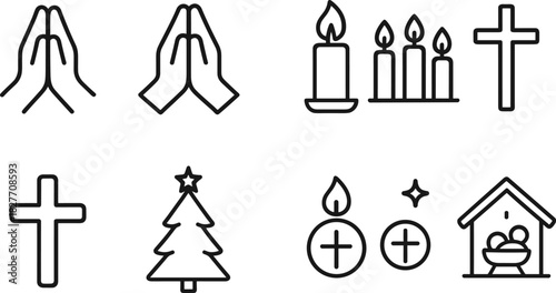 Christmas symbols icons set. Nativity, candle, star, tree, bell, angel, religious holiday outline illustrations