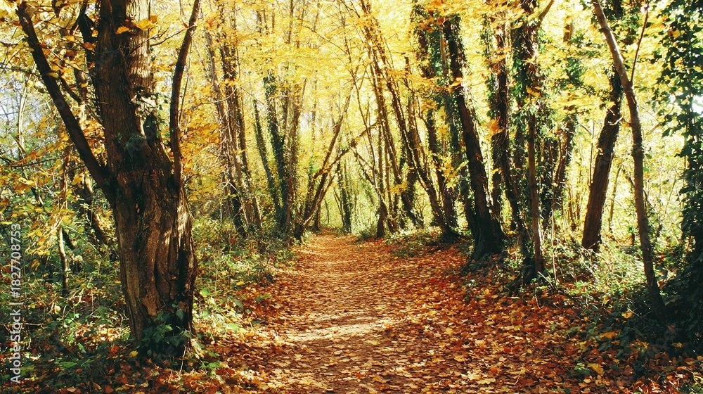 Fototapeta premium narrow. Narrow forest path with autumn leaves and dappled sunlight. representing seasonal cycles and harvest abundance, travel magazines, designed for travel destination branding.