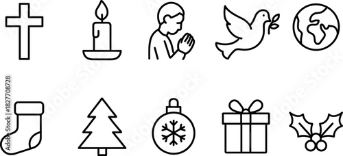 Christmas symbols icons set. Nativity, candle, star, tree, bell, angel, religious holiday outline illustrations
