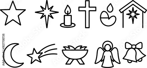 Christmas symbols icons set. Nativity, candle, star, tree, bell, angel, religious holiday outline illustrations