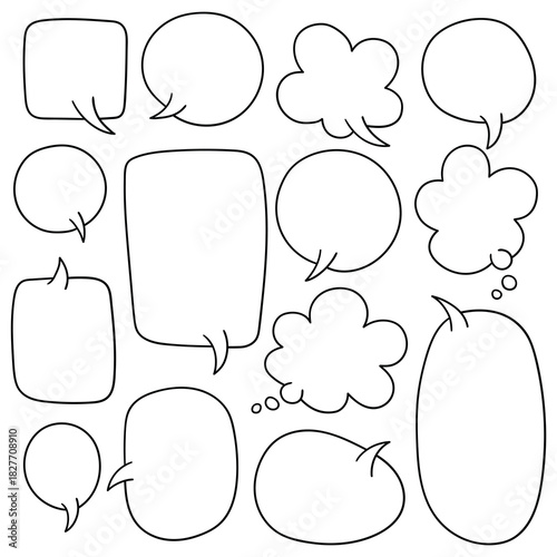Hand-drawn doodle set of speech bubbles on a white background.