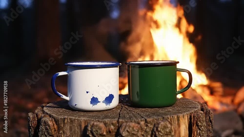 Two steaming enamel mugs on a rustic tree stump with a warm campfire flickering in the background,creating a cozy outdoor evening ambiance
