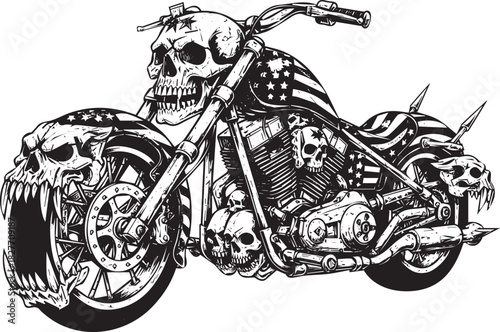 Intricate Motorcycle Illustration with Skull and American Flag Design in Black and White Style