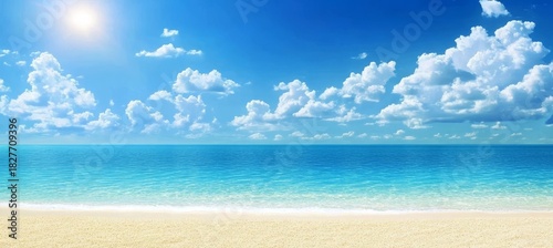 Fototapeta Naklejka Na Ścianę i Meble -  Serene beach paradise with clear skies and turquoise waters, ideal for a relaxing getaway.