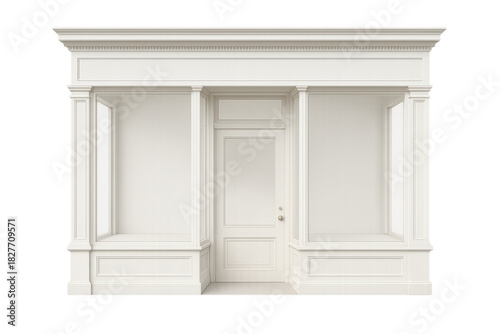 White classic shop facade with empty display windows and door, isolated vintage storefront architecture