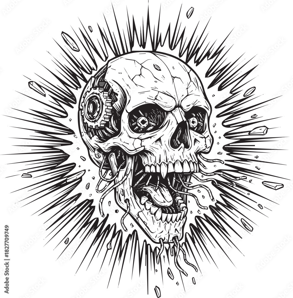 Fototapeta premium Mechanical Skull Artwork with Gears and Exposed Wires Sci Fi Digital Illustration Art