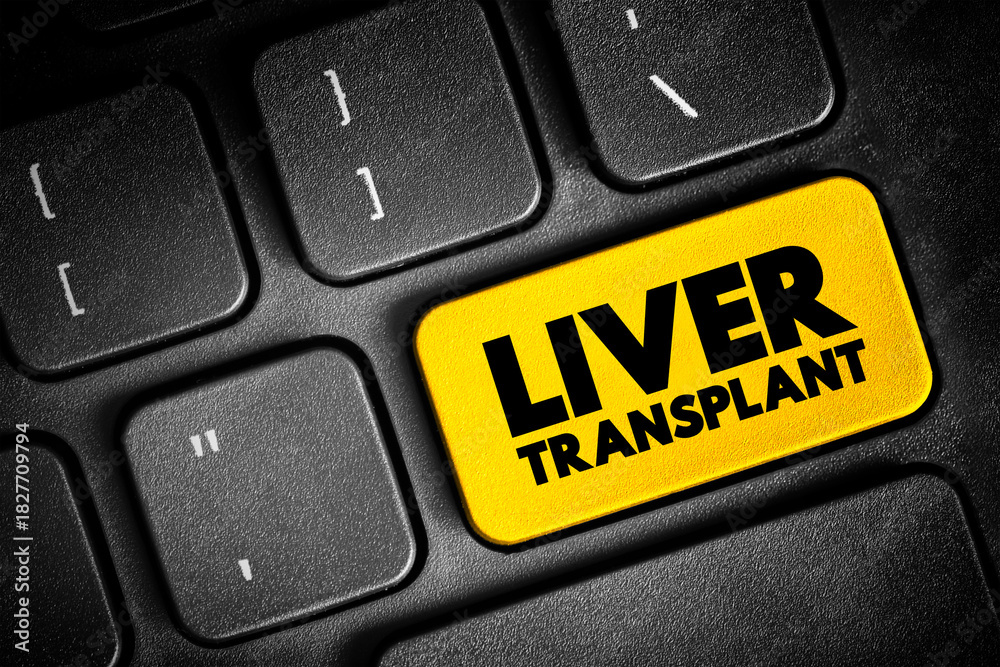 Naklejka premium Liver Transplant is surgery to remove your diseased or injured liver and replace it with a healthy liver from another person, text button on keyboard, concept background