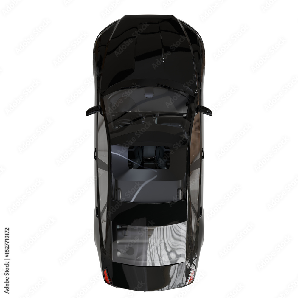 Fototapeta premium Top-down view of a sleek, glossy black sports car. The modern vehicle has a detailed interior, contrasting sharply on a transparent background