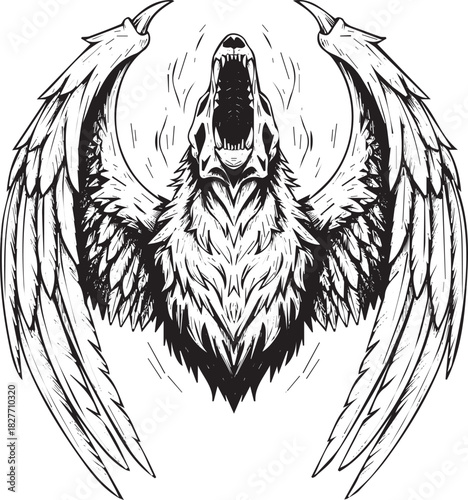 Mythical Creature Illustration of Winged Wolf with Open Mouth and Sharp Teeth Vector Graphic
