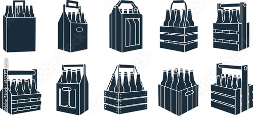 Beer Bottles in Crate Collection, Assorted Styles, Line Art, Transparent Background