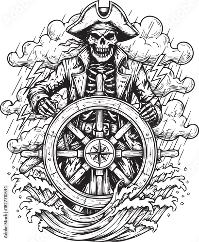 Pirate Skeleton at the Helm Amidst Stormy Seas a High Seas Adventure Illustration