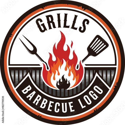 BBQ Grills with Flame, Spatula, Fork Icon in Round Emblem on White