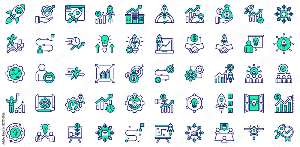 Obraz premium Business Accelerator icons collection. Vector illustration. Startup Rocket, Fast Growth Arrow, Speedometer Success, Acceleration Gauge. Pro Vector