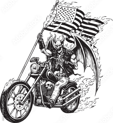 Skeleton Devil Rider on a Motorcycle Wielding American Flag in Flames Vector Illustration
