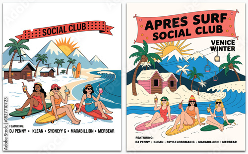 Apres surf social club winter fest illustration featuring retro beach scene with surfers, snowy mountains, palm trees and vibrant vintage style design elements.