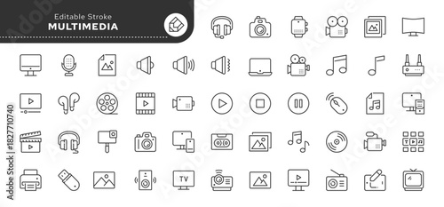 Multimedia line icon set. TV, photo and video camera, content creation, film, video, image, music, device, audiovisual equipment and more. Outline icon in linear style. Vector collection.