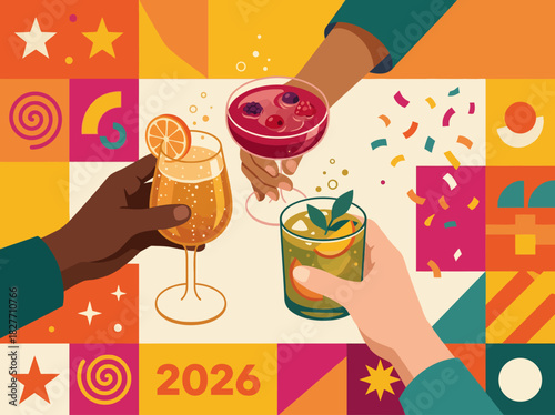 A lively New Year 2026 vector illustration capturing diverse hands clinking glasses filled with refreshing drinks, perfect for celebrations and holiday greetings