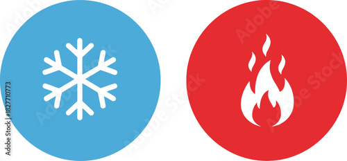 Blue Snowflake Icon and Red Fire Flame Icon, Circular Temperature Concept Design