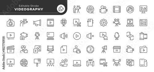 Videography line icon set. Video, videographer, cameraman, filming, editing, videotape, film, camcorder, camera, shotting, movie, clapperboard, cinema. Outline icon in linear style. Vector collection