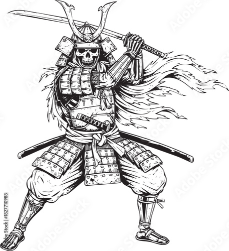 Samurai Skull Warrior in Armor Holding Sword Illustration Black and White Style Artwork