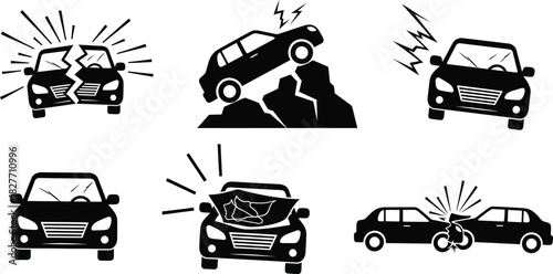 Car Accidents Glyph Icons Set, Crashed Vehicles Illustration, Transparent Background