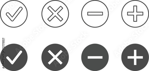 Circle Check Mark, Cross, Minus, Plus Symbols in Line Art and Solid Style Design