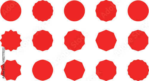 Collection of Red Burst Shapes, Circle Badges on White Background Elements