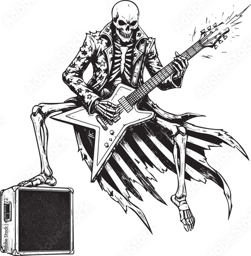Skeleton Rock Star Playing Electric Guitar with Patriotic Jacket and Speaker Ready to Perform On Stage