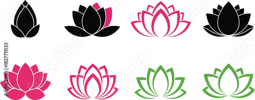 Colorful Lotus Flower Set Icons in Black, Pink and Green on White Background