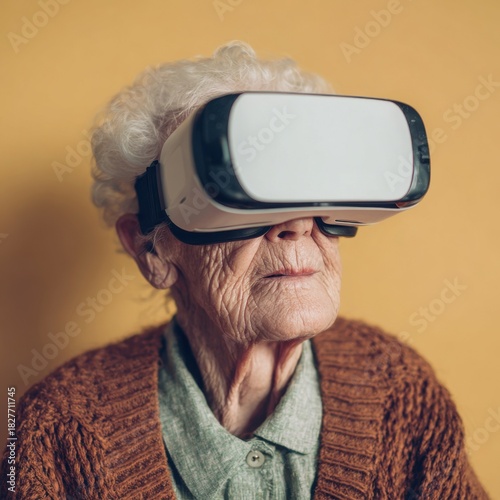 An elderly woman with white hair curiously explores a virtual reality headset, experiencing new digital worlds with wonder and slight trepidation on yellow.