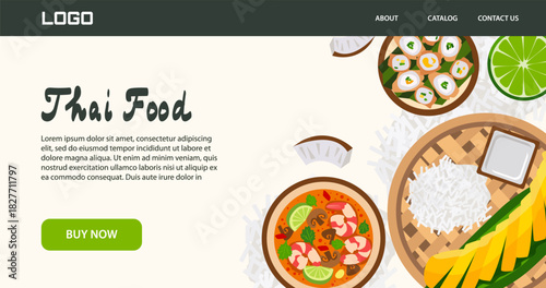 Thai food web banner with landing page layout, dishes, rice, soup, sushi, lime. For restaurant websites, online menus, delivery promos and web design.