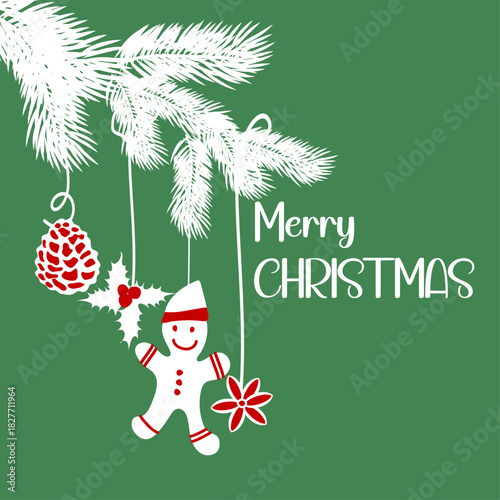 Christmas card with decorations and Text. Merry Christmas. Holiday print, banner, poster. Vector illustration.