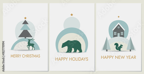 Winter Forest Wishes - minimalist holiday card vector set.