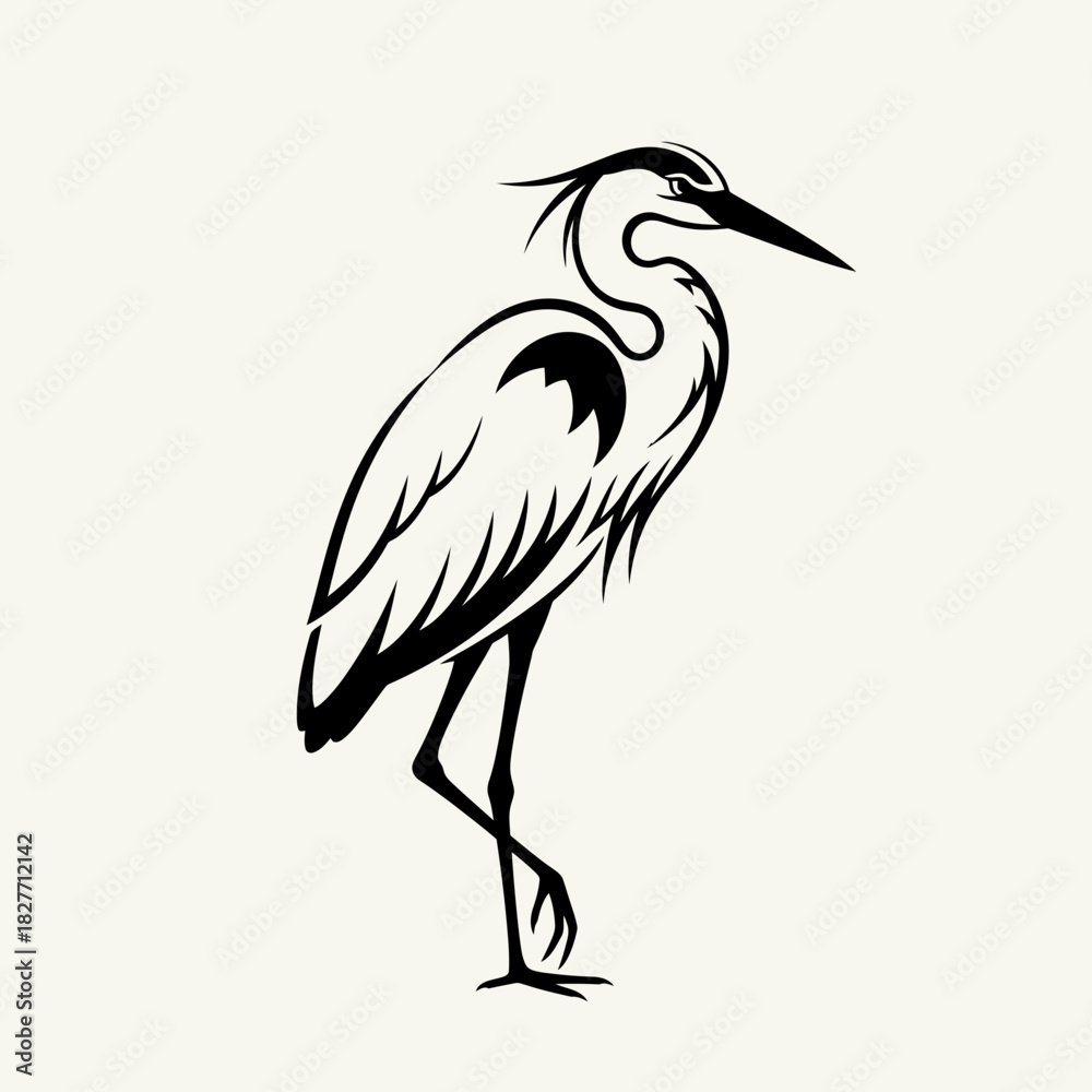 Fototapeta premium Heron Bird Vector Illustration – Elegant Crane Silhouette Line Art