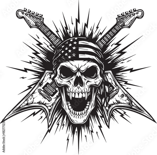 Skull with American Flag Bandana and Electric Guitars Illustration Graphic Art