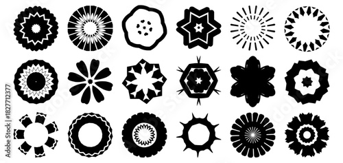 Collection of bold radial icons with symmetric patterns, abstract decorative circles, and vector silhouettes for design projects