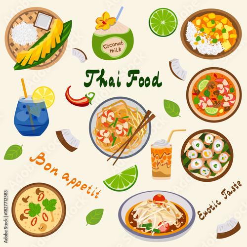 Thai food set with noodles, curries, soups, rice with mango, rolls, coconut drinks and lime slices. For menus, restaurant posters, food blogs and social media.
