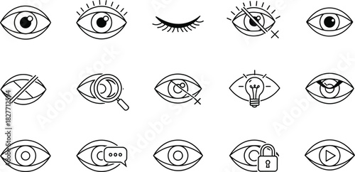 Eye Icon Set, Black Outline Style, Vision, Closed, Idea, Padlock, Magnifier, Transparent