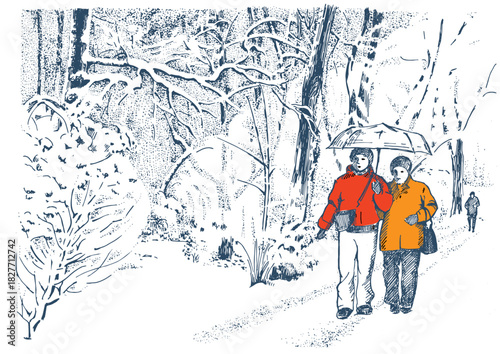Winter park. Snow-covered trees and walking people. Line sketch converted into vector.