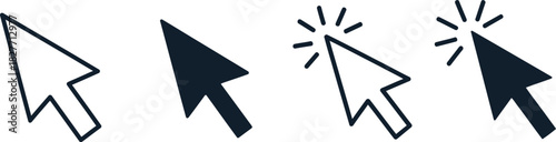 Four Types of Arrow Cursors Icon Set with Click Effect on a White Background